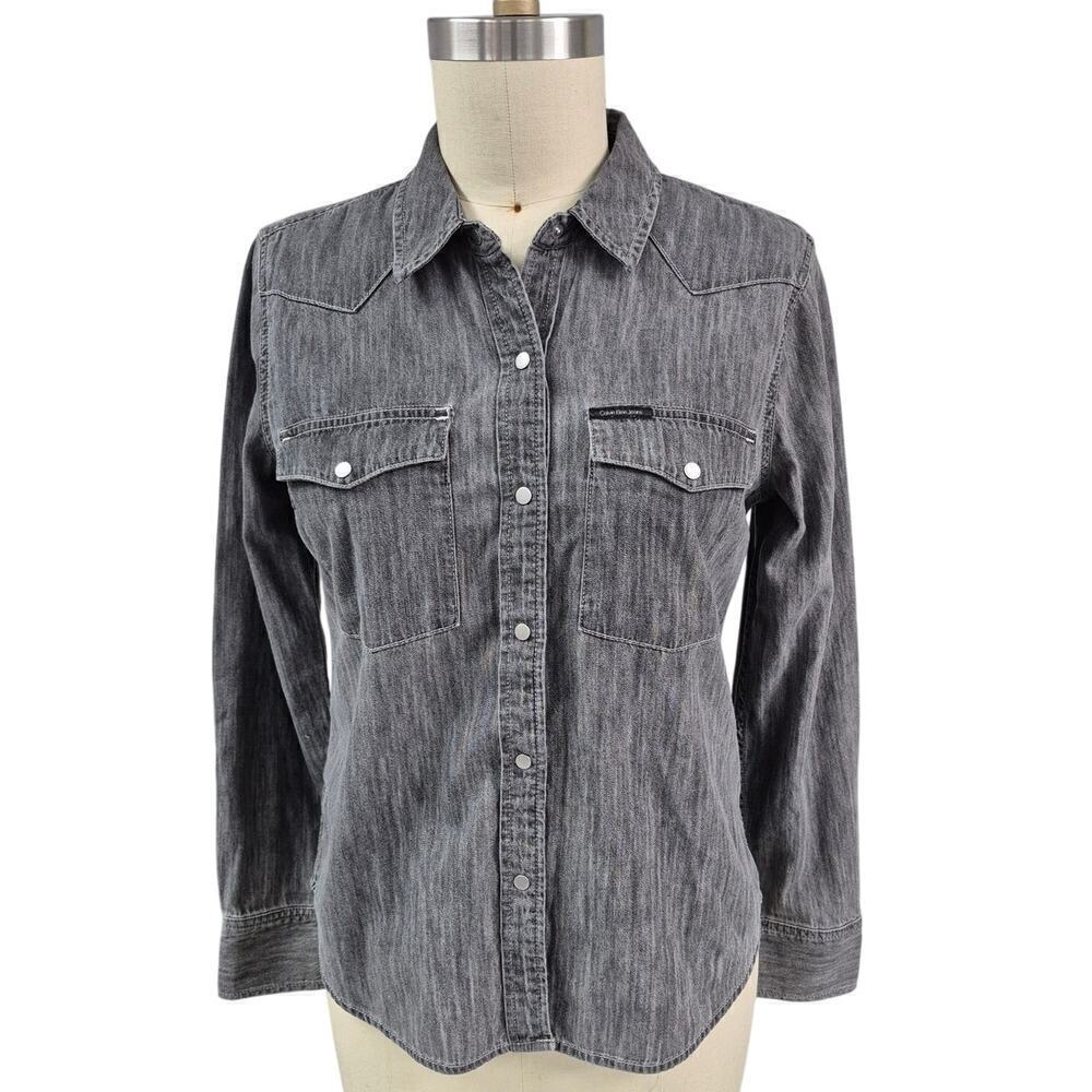 Calvin Klein Jeans Women's Slim Fit Denim Shirt Dark Gray Women L Cotton NWOT